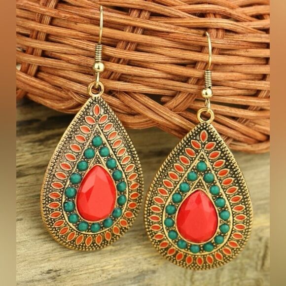 🔅 🆕 🔅✨BoHo Red Blue Water 💧 Drop Earrings 🔅✨ - Picture 1 of 7